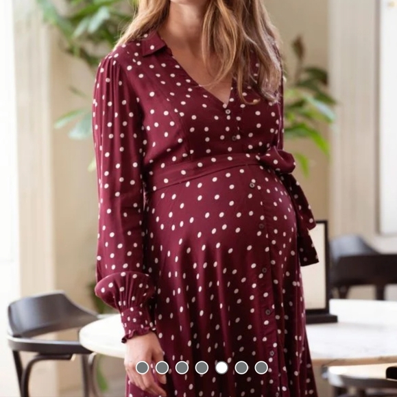 Seraphine Burgundy Polka Dot Maternity & Nursing Shirt Dress - Picture 5 of 10
